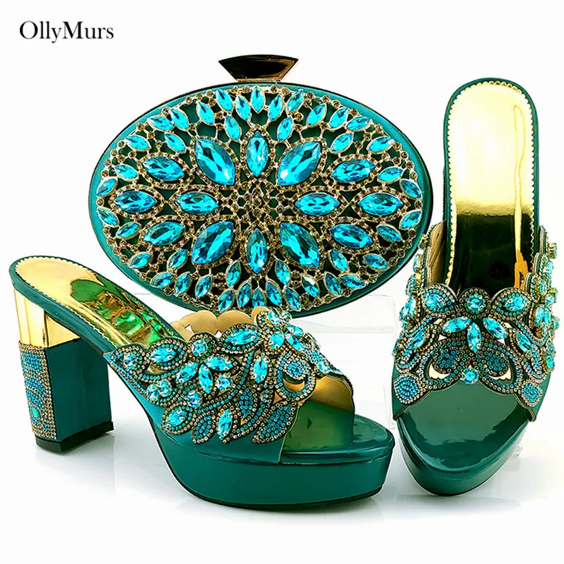 

Summer Royal Blue Color Sandals Shoes And Bag Set Italian Style Fashion Middle Heels Shoes And Matching Bag Set For Party