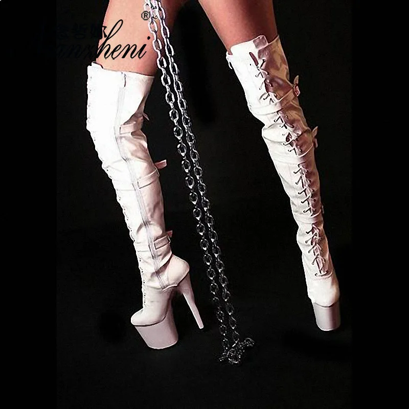 20cm High Heels Platform Knee Black Buckle Narrow Band  Pu Lady Shoes 8 Inch White Stripper New Gothic pole dancePunk Bottes