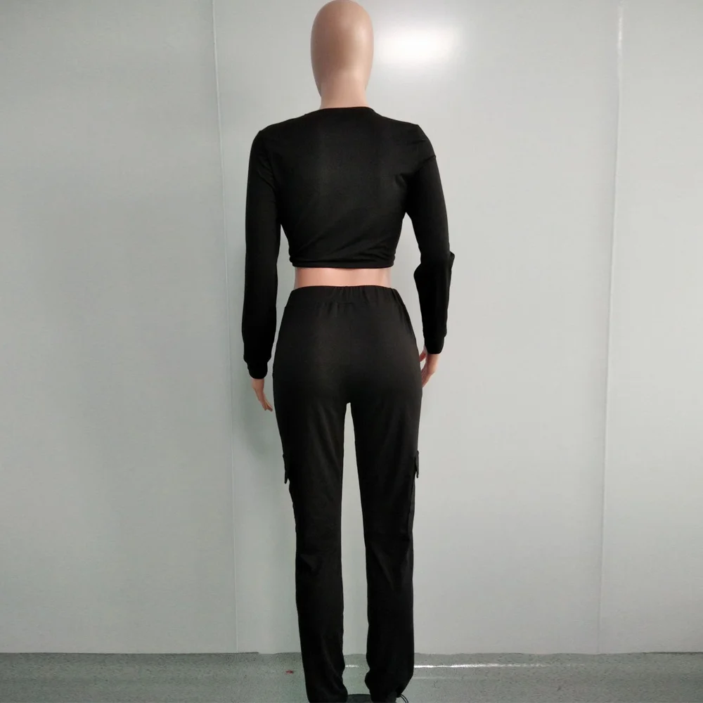 

Pockets Round Neck Long Sleeve Corset Short Tops Skinny Ankle-Length High Waist Pencil Pants Solid Exposed Navel 2 Piece Sets