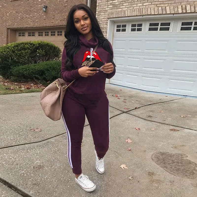 

Mouth Printed Joggers Suit For Women Tracksuit Two Piece Outfits Long Sleeve Hoodies Sweatshirt Top Sport Pants Lounge Wear