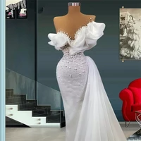 pearl modern design mermaid wedding dresses ruffle bridal gown sheer neck custom made overskirt boho robe de mari%c3%a9e