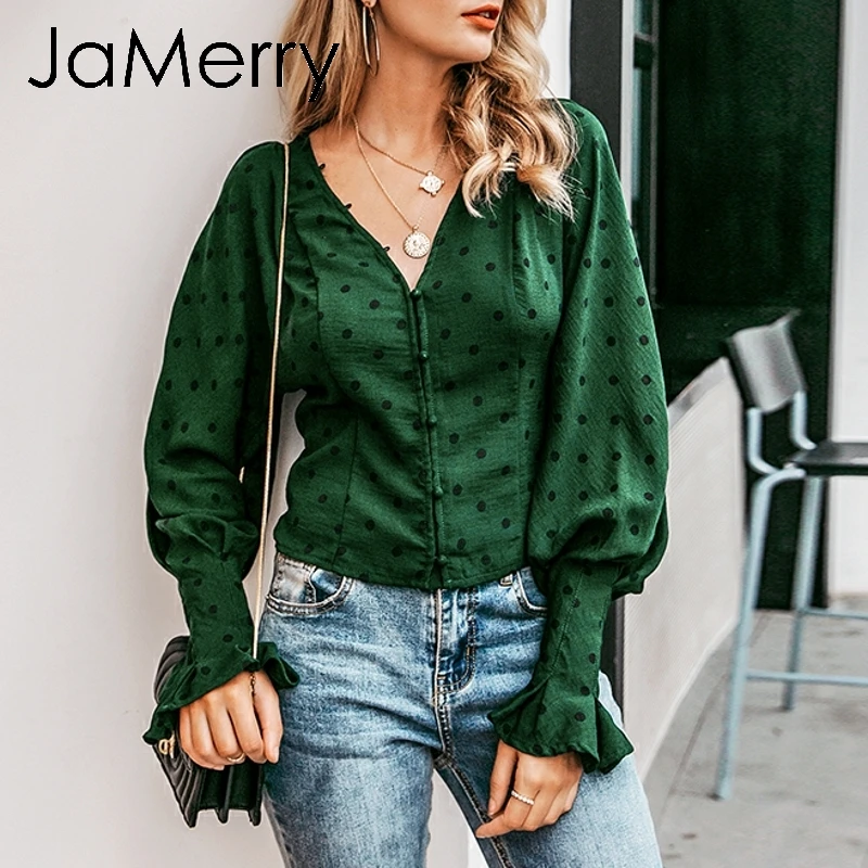 JaMerry винтажные элегантные пуговицы в Горошек женский Печатный принт блузка рубашка рюшами фонарь рукав зеленый топ Осень Зима повседневные блузки
