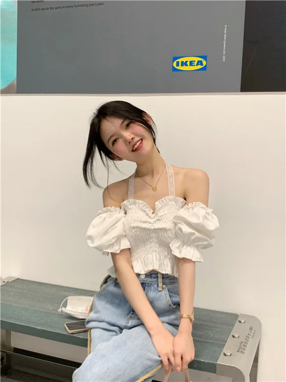 Кружевная футболка с подвесным воротником рубашка коротким рукавом пузырями