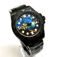 automatic movement aseptic surface mens automatic mechanical watch pvd stainless steel case black ceramic ring flat sapphire