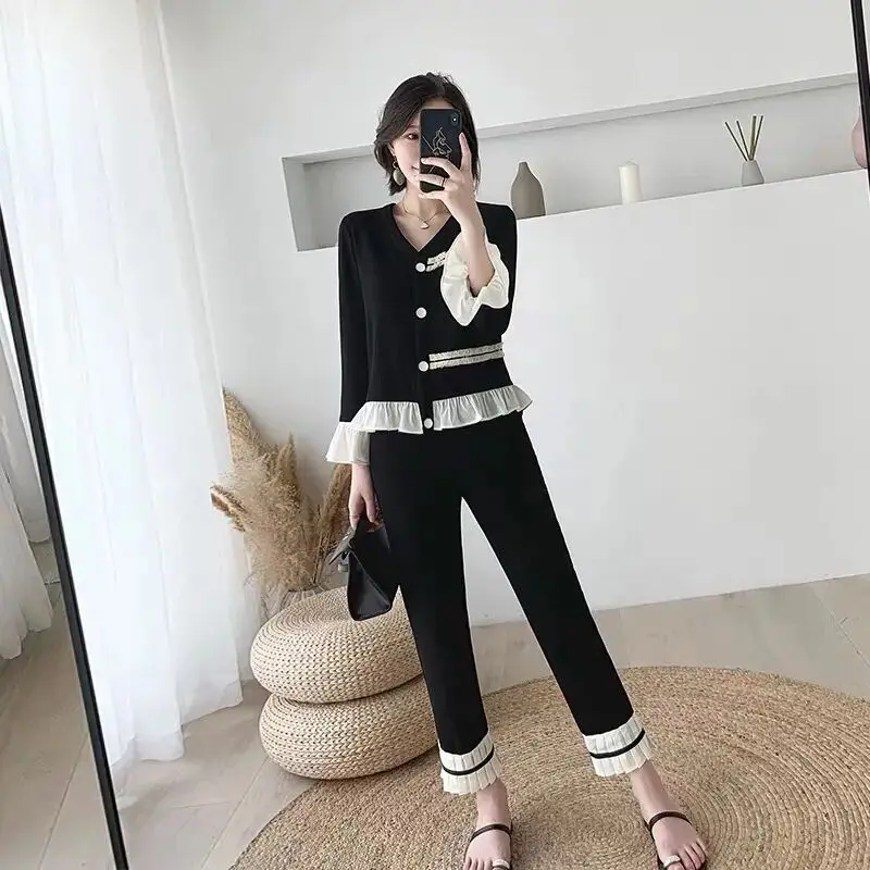 Модный Тонкий Повседневный Трикотажный костюм с оборками женский корейский