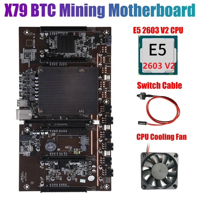 

Материнская плата для майнинга BTCX79 H61 с процессором E5 2603 V2 + вентилятором + кабелем переключения DDR3, поддержка 3060 3070 3080, графическая карта для ...