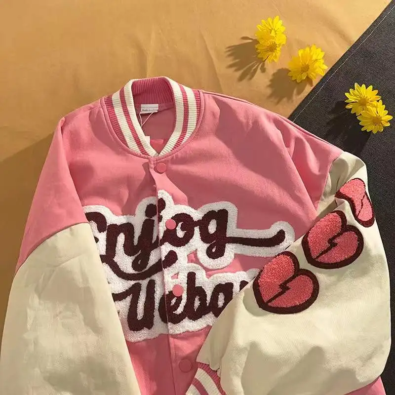 Hip Hop women Varsity Jacket Cartoon Letter Embroidery loose College style Couple Bomber Harajuku Baseball Coats 2021 New | Женская