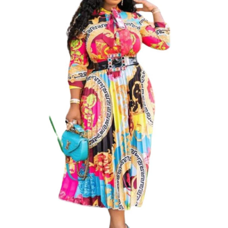 

Casual Women Dress 2021 Printed Bow Tie Collar 3/4 Sleeve Midi Dress Female Clothing Pleated Plus Size Loose Maxi Vestidos