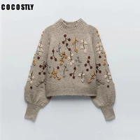 new za 2021 pullover women sweater vintage long sleeve pullover chic flowers beaded harajuku knitted sweater jumpers top femme