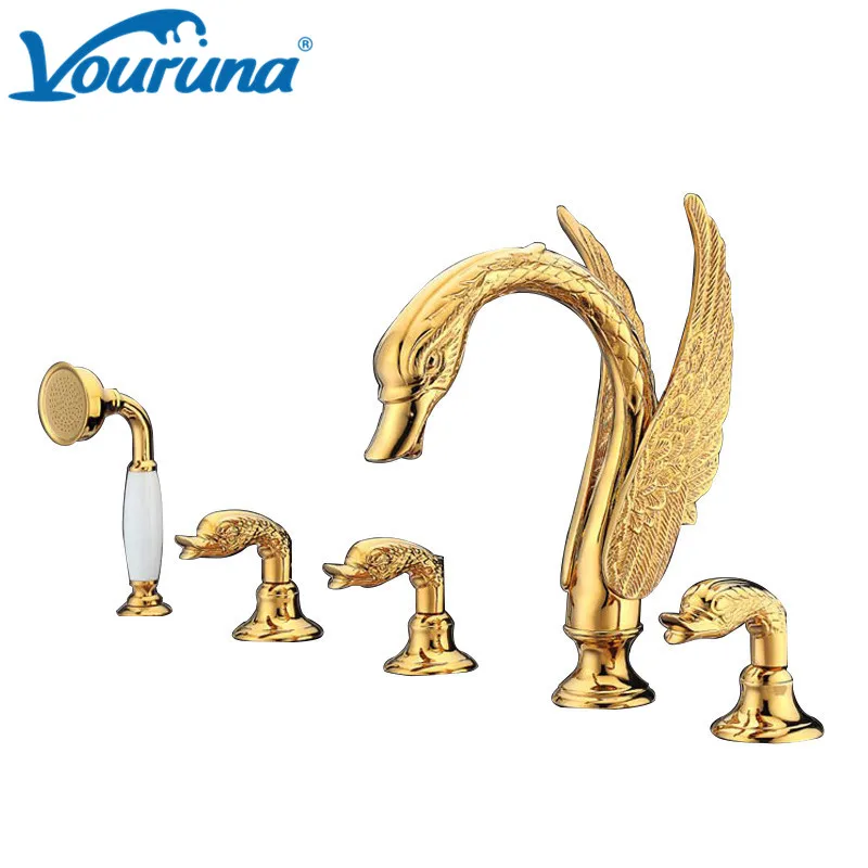 

VOURUNA Luxurious Golden Bathtub Faucet Swan Shape 5 Hole Bath Tub Shower Mixer Tap Solid Brass Construction