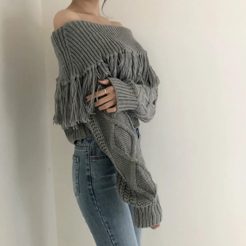 Woherb Sexy Off Shoulder Tassel Sweater Women Loose Long Sleeve Twist Knitted Pullovers 2021 Vintage Korean Crop Sweaters Jumper | Женская