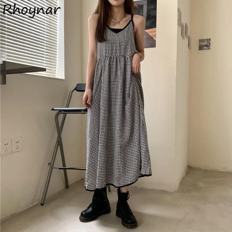 

Женское клетчатое платье без рукавов, повседневное ТРАПЕЦИЕВИДНОЕ ПЛАТЬЕ до середины икры с V-образным вырезом, лето