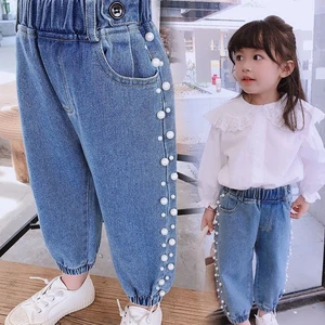 Spring/Autumn Childrens Pants Girls Pants New Baby Childrens Fashion Beaded Washed Jeans Casual Straight Trousers