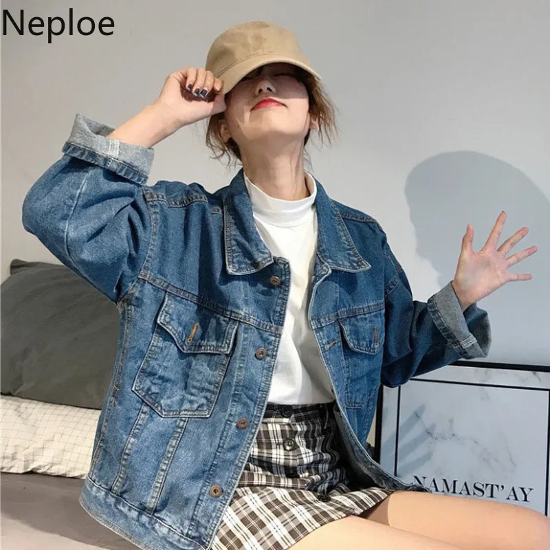 Neploe/Корейская Свободная джинсовая куртка в стиле Bf для студентов однотонная