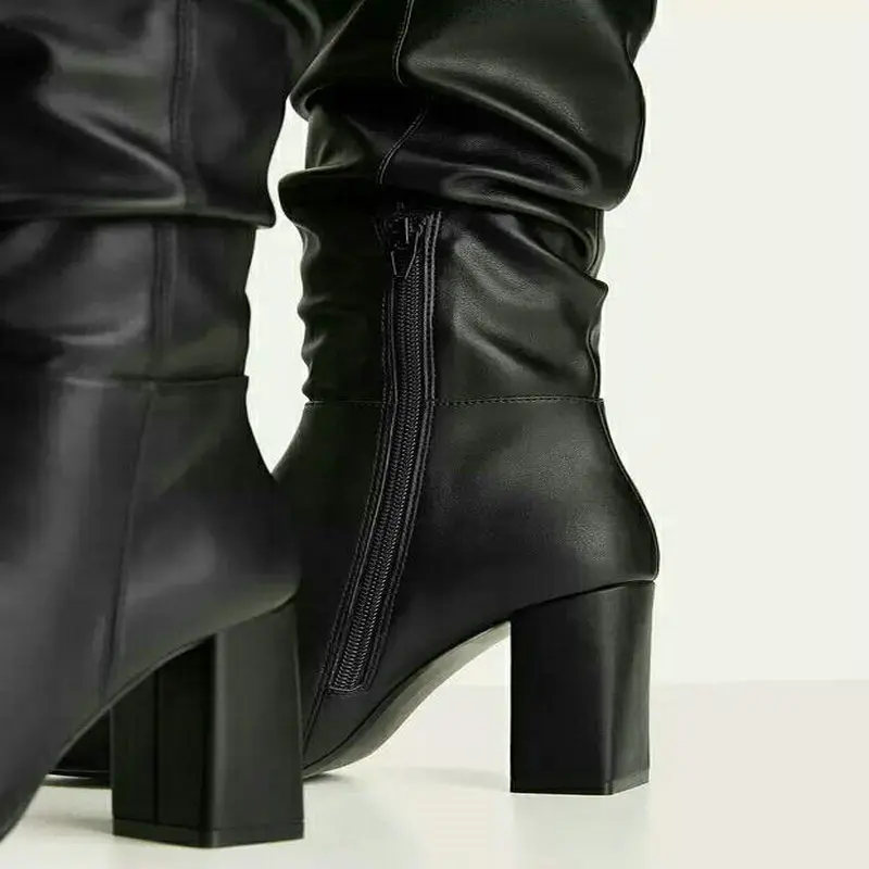 

Genuine leather women boots thick high heels autumn winter boots cowboy western knee high boots women shoes Plus size 34-43