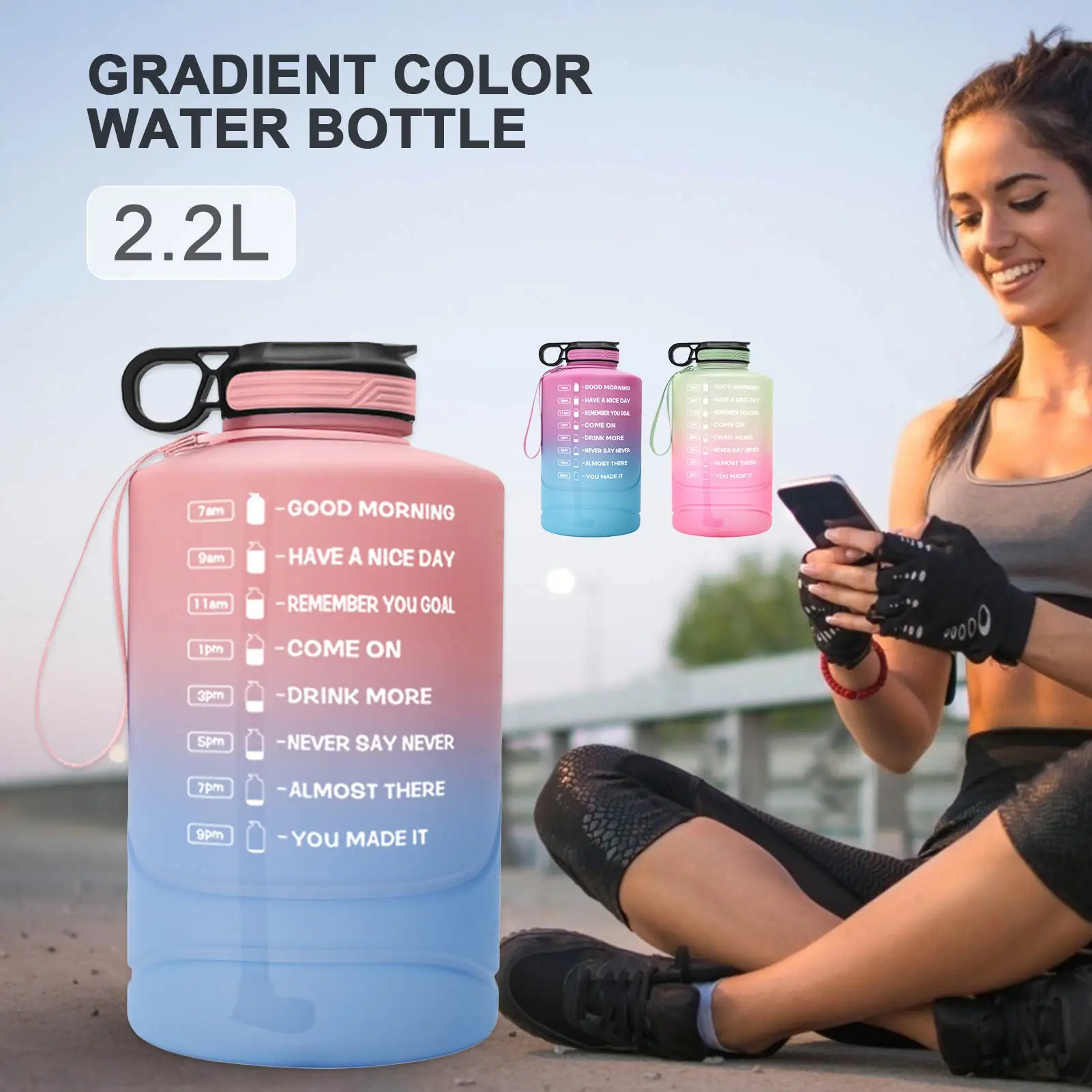 

2.2L Large Capacity Water Bottle Sports Drinking Kettle Leakproof Gradient For Cycling Gym Fitness Training Camping Drinkware