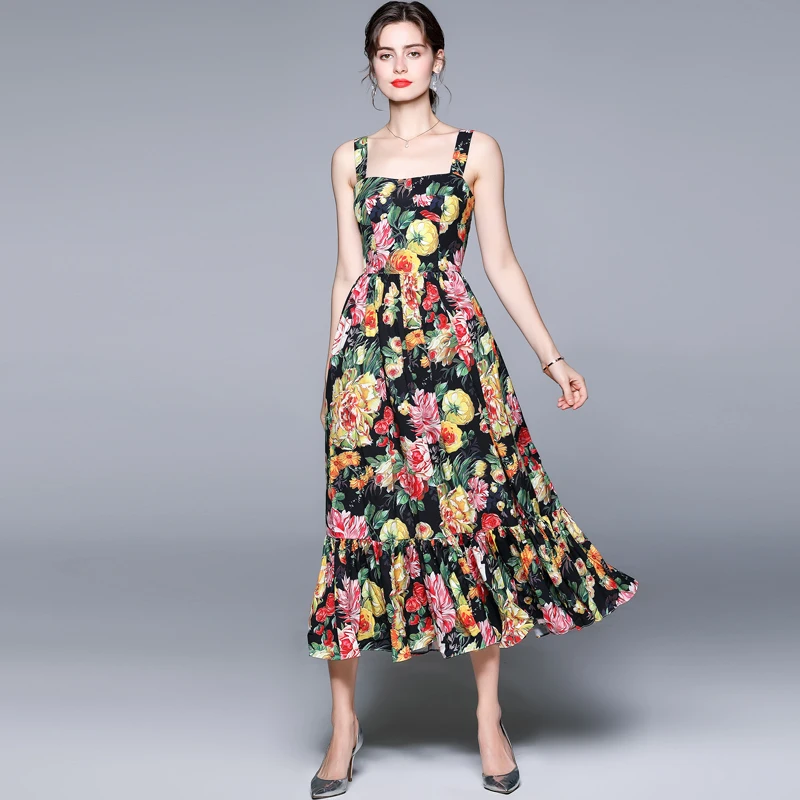 

JSXDHK Новое поступление подиумное праздничное пляжное платье макси для женщин пикантное тонкое богемное длинное платье на бретелях с цветоч...