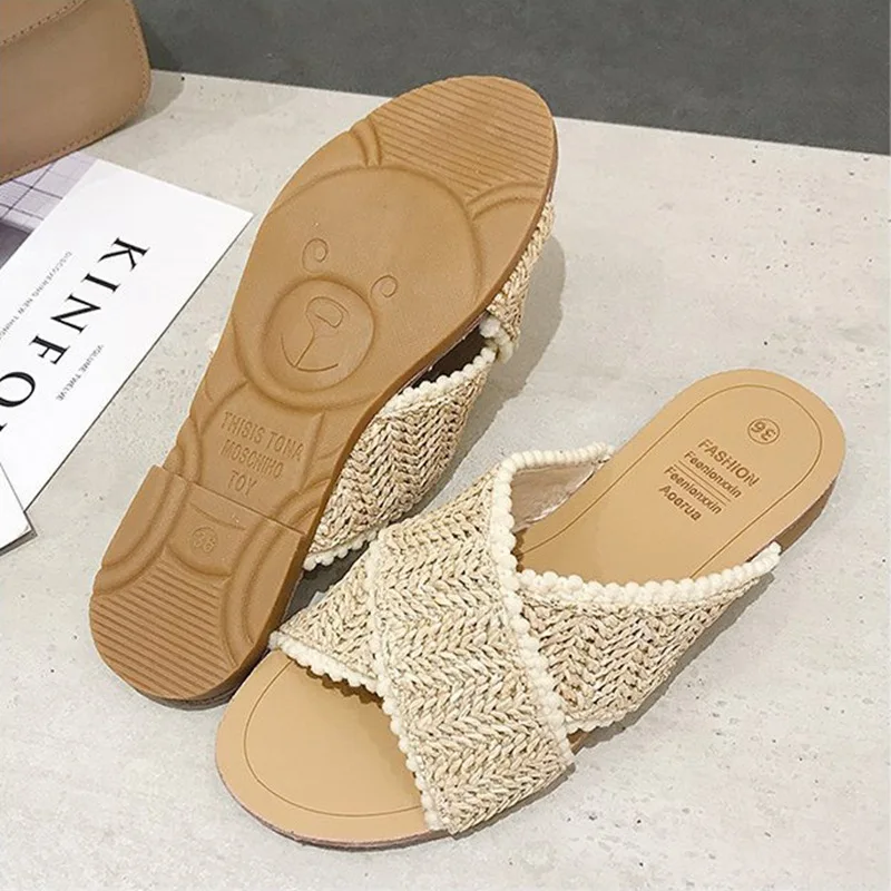 Новинка 2020 года женские плетеные тапочки летние пляжные шлепанцы для девочек