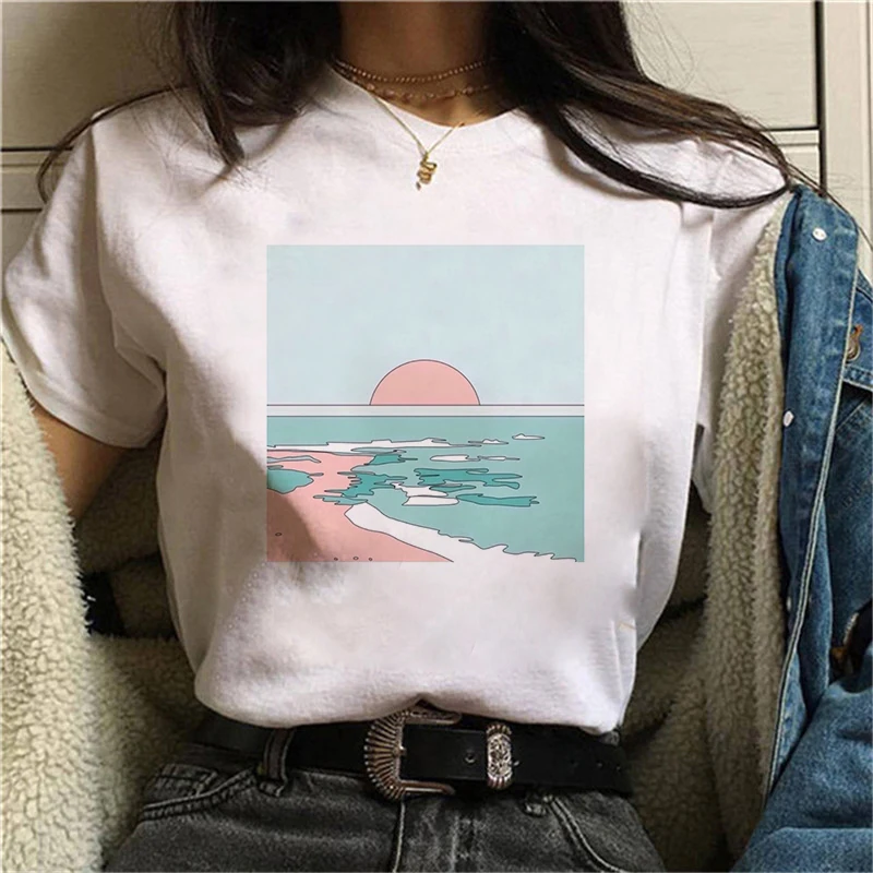 

Aesthetic Tshirts Short Sleeve Casual White Top Tee Female Harajuku T-Shirts Woman Clothes Great wave and Sunrise Printed Women