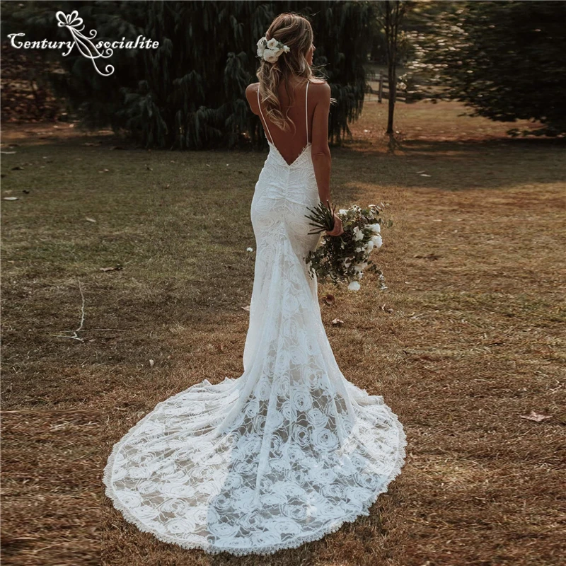 

Sexy Boho Wedding Dresses Mermaid 2021 Backless Spaghetti Straps Lace Bohemian Bride Dress Marriage Gowns Vestido De Noiva
