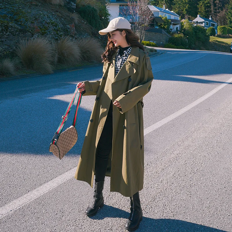 Женский двубортный Тренч армейского зеленого цвета офисный дамский плащ