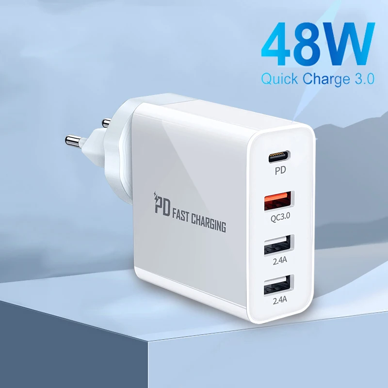 

USB Wall Quick Charge 48W PD Type C QC3.0 4 Ports Fast Charging Adapter For iPhone 12 Pro Max Macbook Samsung S21 Huawei P40 P30