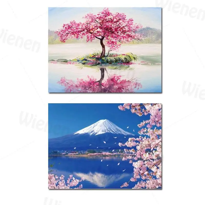 

Living Room Landscape Painting Pink Cherry Tree Fuji Snow Mountain Canvas Painting Home Decoration Mural Posters and Prints