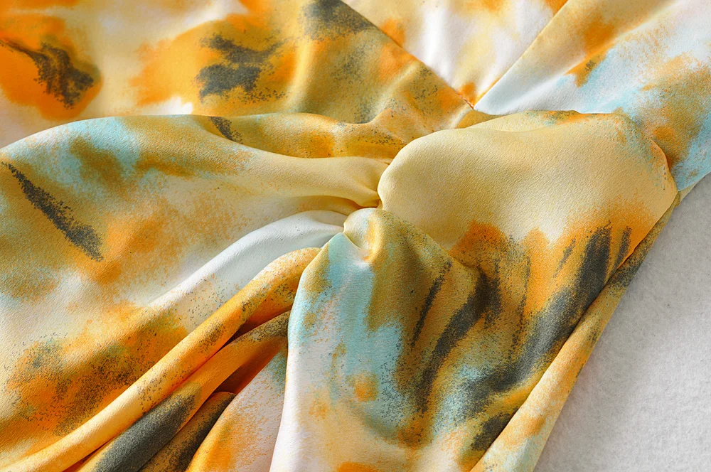 

2021 Women Vintage Yellow Tie dye Flower print Spaghetti Strap Dress Hem Slim Waist Slit Irregular Long Dresses Sling Vestido