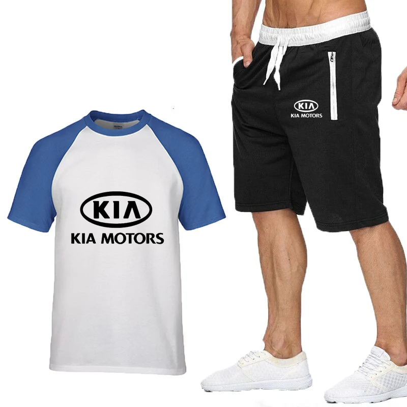 

New Summer Men T Shirts KIA Motor Car Logo Print short sleeve Fashion Casual Crew neck Cotton Mens T-shirt+pants suit 2Pcs
