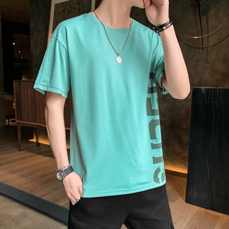 

188# Camiseta de verano 2020, a la moda, popular, de color liso, cuello redondo, manga corta, letras de verano 1141