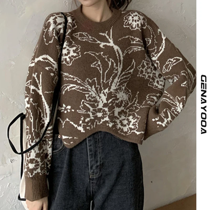

Genayooa Autumn Winter Pullover Mohair Sweater Women Long Sleeve Irregular Loose Knitted Jumper Ladies Floral Print Top Korean
