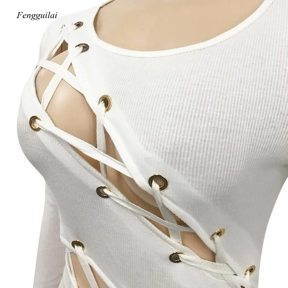 

Solid Sexy Bodycon Dress Long Sleeve Underwear O-Neck Hollow Out Club Streetwear Autumn Winter Fashion Party Bodysuit for Women