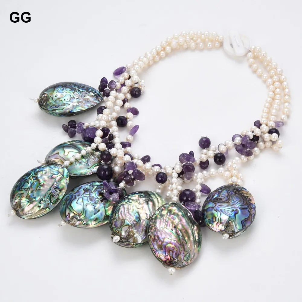 Ювелирные изделия GuaiGuai 3 нити белый жемчуг Фиолетовый аметист пава Абалон