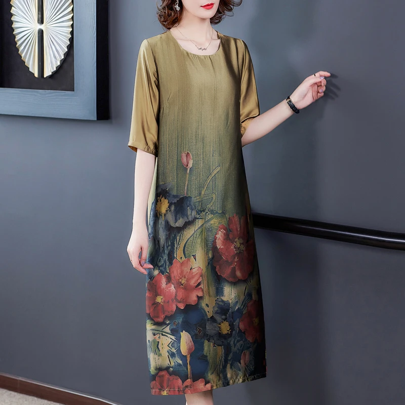 Банкет свободные шелковое платье с принтом коротким рукавом 2020 лето новый аромат