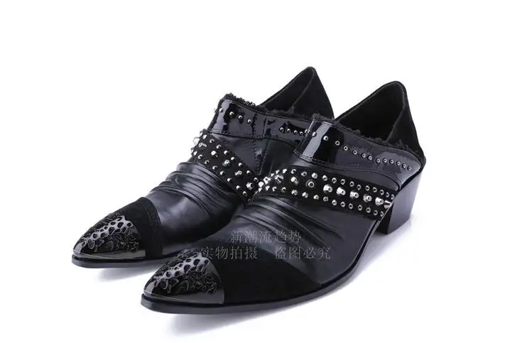 

New England Style Black Rivet business Men shoes Pointed Toes men cowhide leather increase High quality Formal wedding Shoes