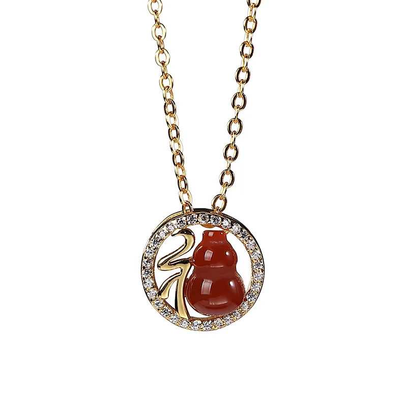 

S925 sterling silver gold plated southern red agate pendant vintage gourd Fu word hollow out ladies clavicle chain sets of chain