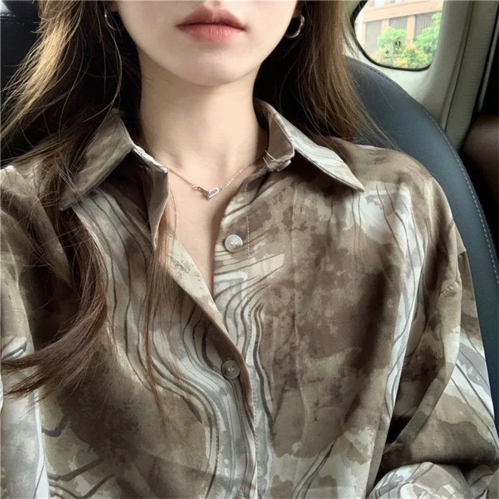 

Vintage Tie-Dyed Shirt Chic Casual Design Abstract Tops Summer Loose Comfortable Women Clothing Turn-Down Collar Printing Blouse