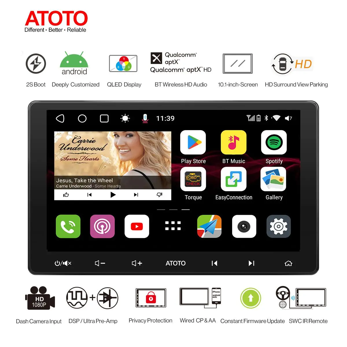 구매 ATOTO 한국어 버전 S8 10.1 인치 더블 딘 자동차 멀티미디어 비디오 플레이어 안드로이드 10.0 자동차 스테레오 라디오 GPS 네비게이션 및 무선 CarPlay，내장형 소음 제거 기술 및 듀얼 블루투스 칩