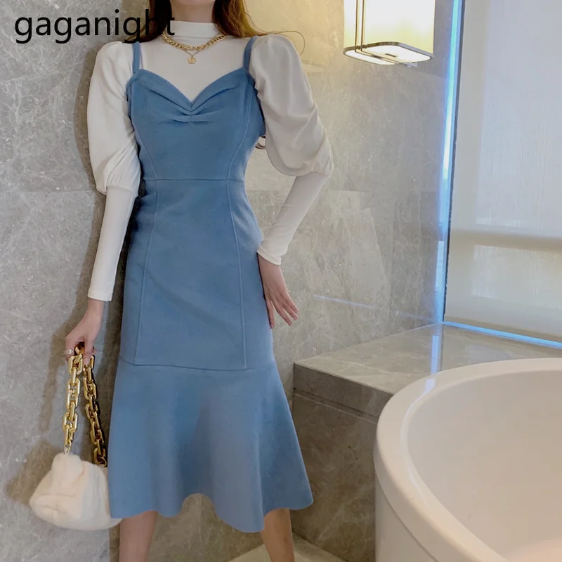 

Gaganight, женское платье, Новинка осени 2021, французское синее шерстяное платье с талией, тонкое платье «рыбий хвост», рубашка с длинными рукавам...