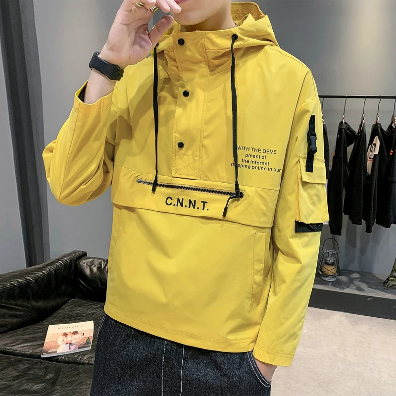 Мужская осенняя куртка с капюшоном корейский стиль черный хаки желтый размер M-5XL