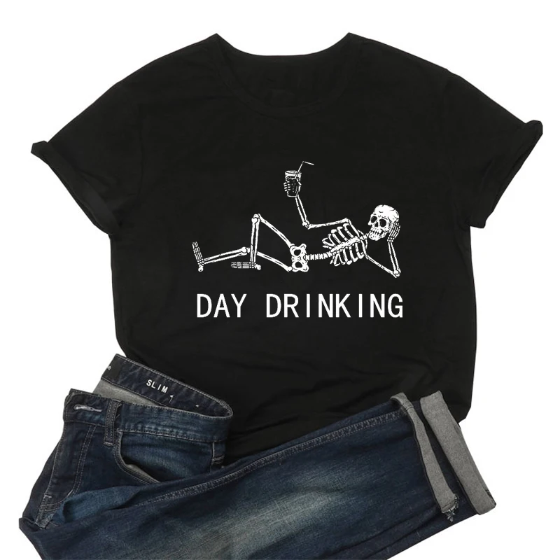 Day Drinking Skull T-shirt Funny Unisex Short Sleeve Skeleton Drinking Tshirt Casual Women Hipster Grunge Graphic Tee Shirt Top