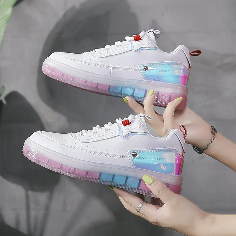 2019 новые модные кроссовки Женская обувь белые Прозрачный Красочный скейтборд