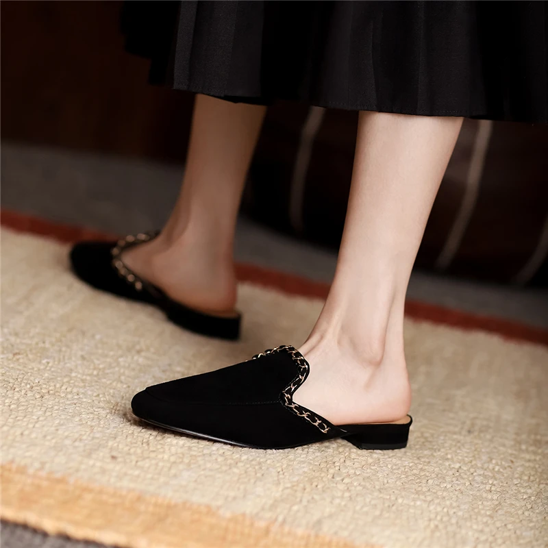 

COVIBESCO Comfortable Casual Summer Women Sandals Genuine Leather Mules Fashion Conical Chain Slippers Low Heels Shoes Woman New