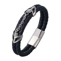 new men jewelry double blue genuine leather handmade bracelets stainless steel magnetic buckle wristband for male gift sp1025