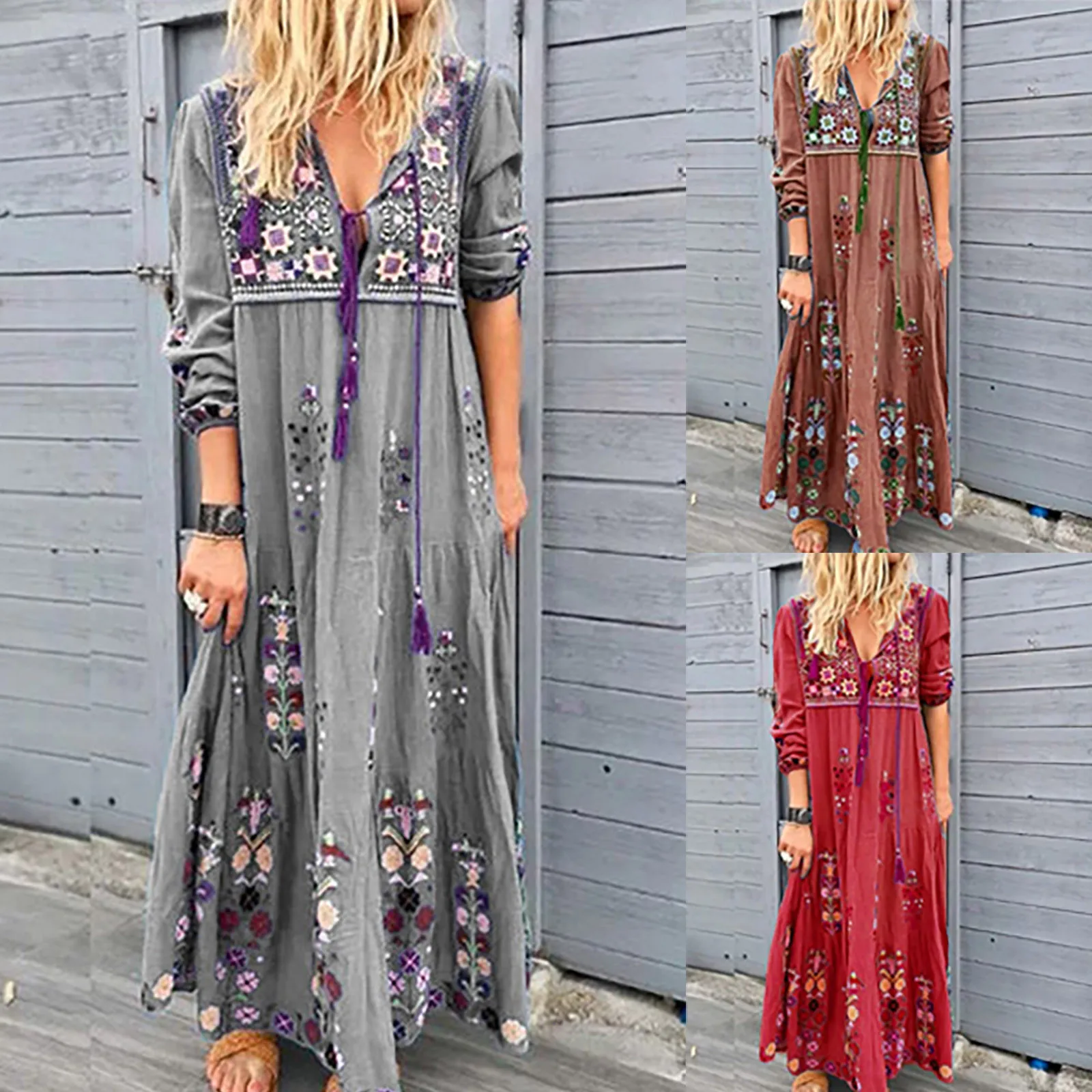 

Summer Dress Casual Women's Plus Size Floral Splicing Drawcord Lace Up Dresses Ladies Long Sleeve Dress vestido de mujer