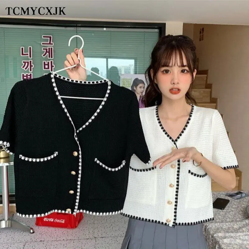 

2021 Cropped Cardigan New Small Incense Style Black Cardigan Jacket Women Loose Women Long-sleeve Sunscreen Knitted Cardigan Top
