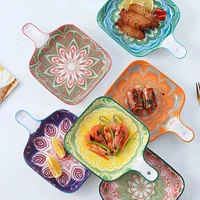 bohemian style binaural baking pan household hand painted steak salad fruit ceramic plate single handle bowl kitchen tableware