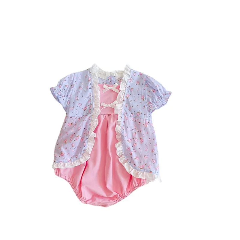 

2021 New Baby Girl Summer Clothing Infant Girls Short Sleeve Bodysuit Floral Jumpsuit Fake Two Pieces Girls Clothes