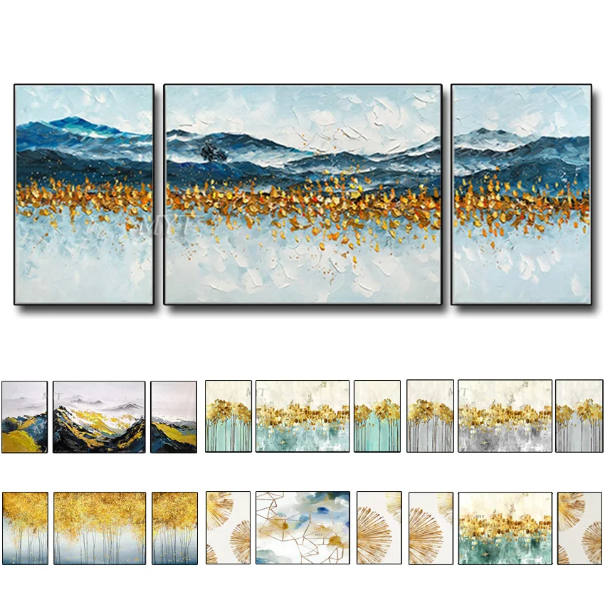 3 шт. абстрактное искусство 100% ручная роспись Золотая фотопленка групповые