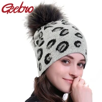 geebro winter leopard hats for women knitted crochet keep warm hat female beanie ladies casual cap with real raccoon fur ball